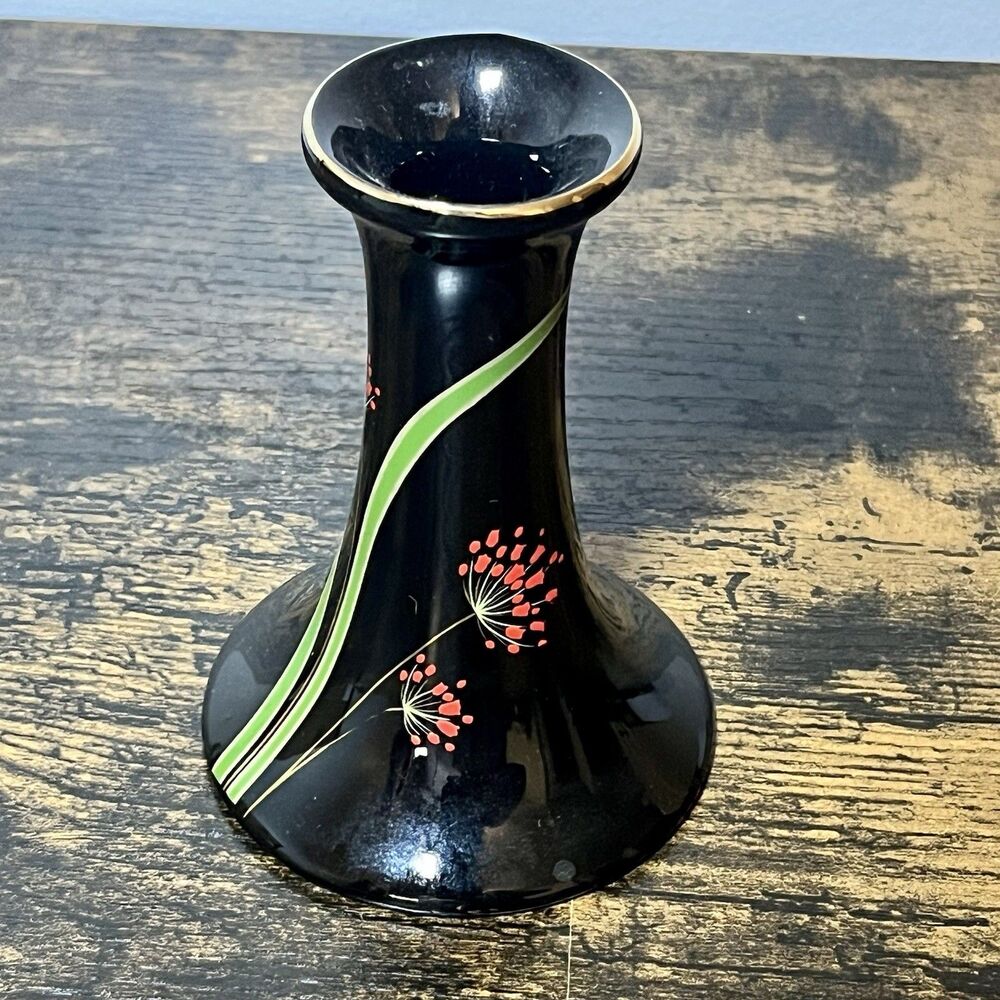 Vintage Seizan Gama Japan Black Floral Candle Holder Gold Trim 5” Ceramic